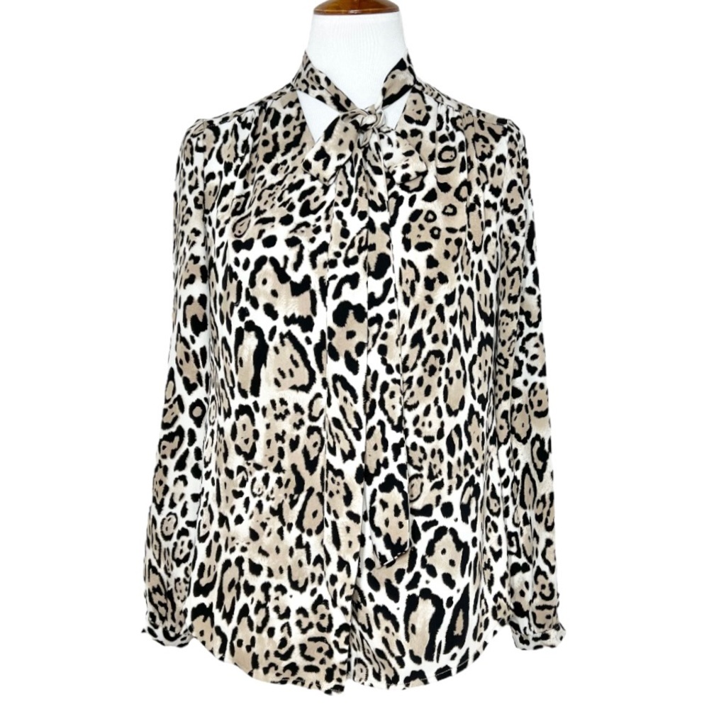 Chico’s Sash Tie Neck Leopard Print Beige White Black Long Sleeve Blouse